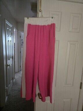 Discount Divas Women's Pink Ribbed Wide-Leg Pants with White Waistband